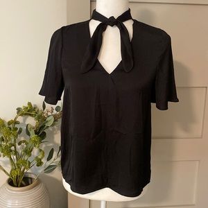 Black Tie-Neck Blouse with Flutter Sleeves